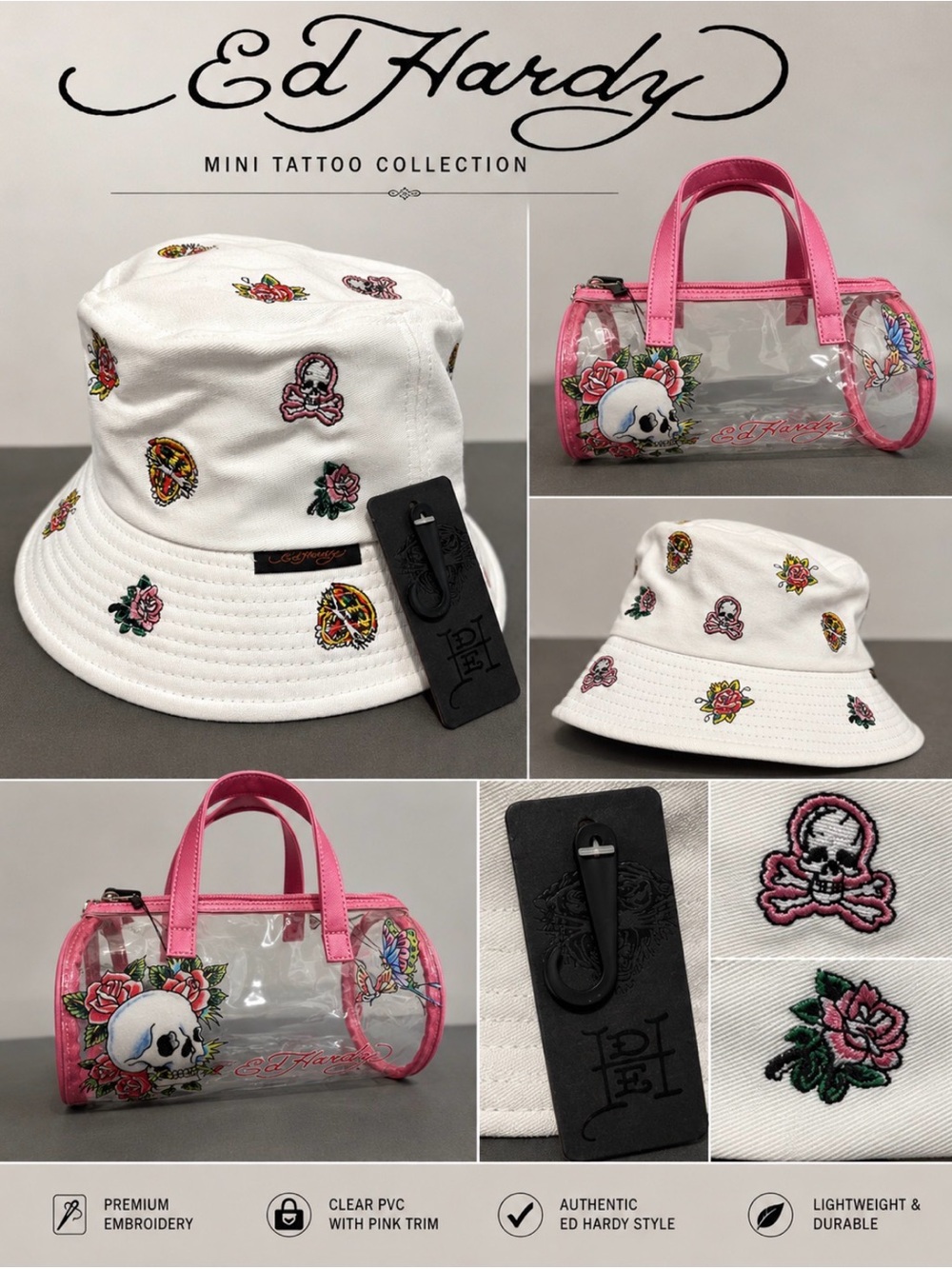 Ed Hardy Bucket Hat with Pink Tattoo Motif barrel mini tote